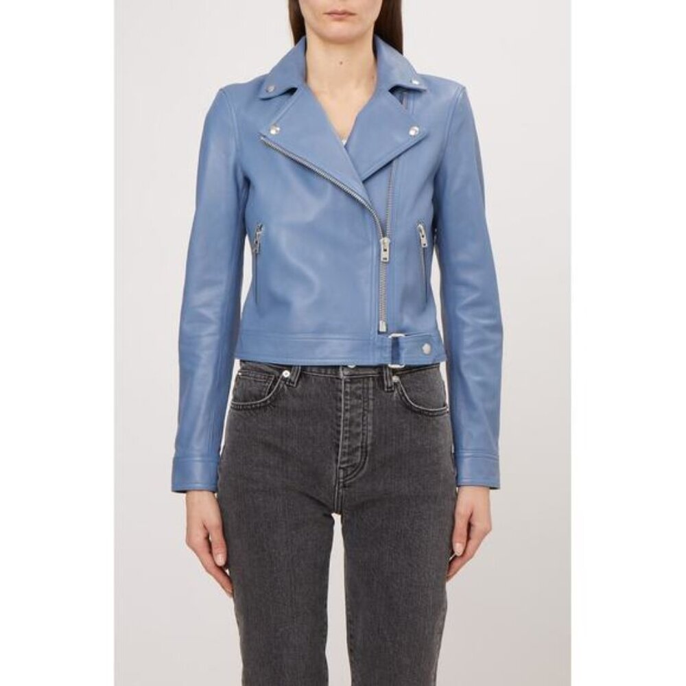 NEW Iro Lamb Leather Kolmar Cropped Moto Jacket Women's Light Blue Size: 10